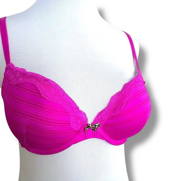 Ambrielle 34C Bra Raspberry Pink Sensual Stripe Plunge Push Up Padded Underwire - Picture 3 of 9